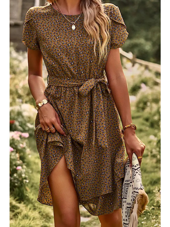 Floral Sleeve Petal Sleeve Brown Dress