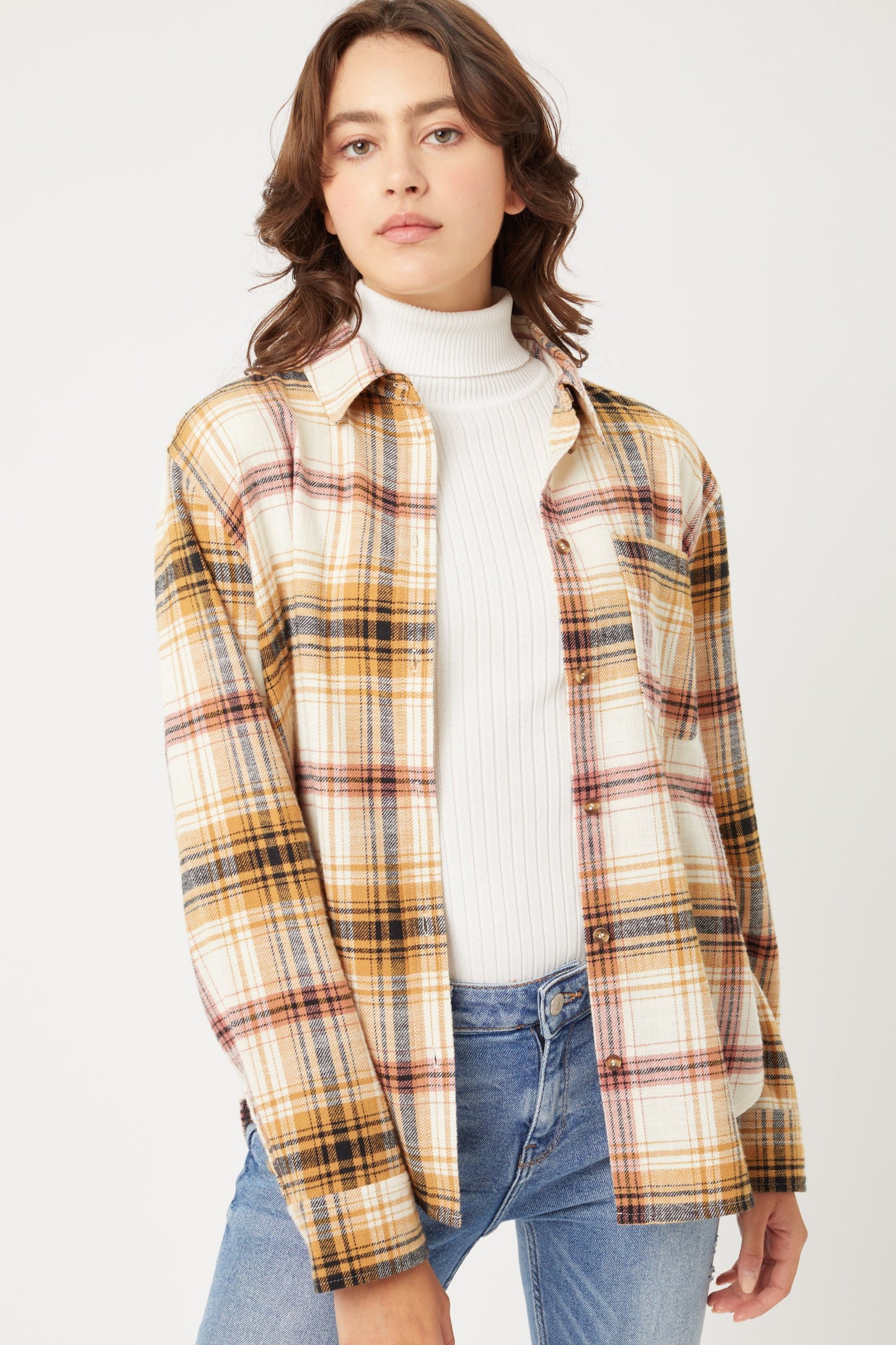Plaid Long Sleeve Button Down Flannel Saffron