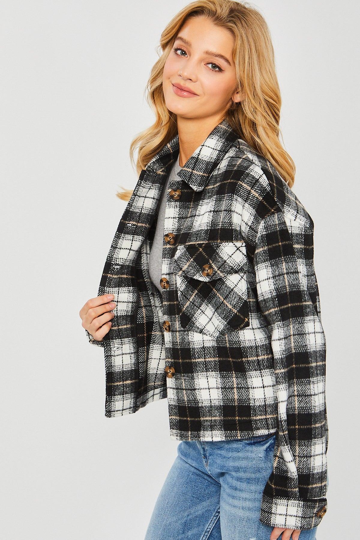 Plaid Button Down Crop Shacket Black