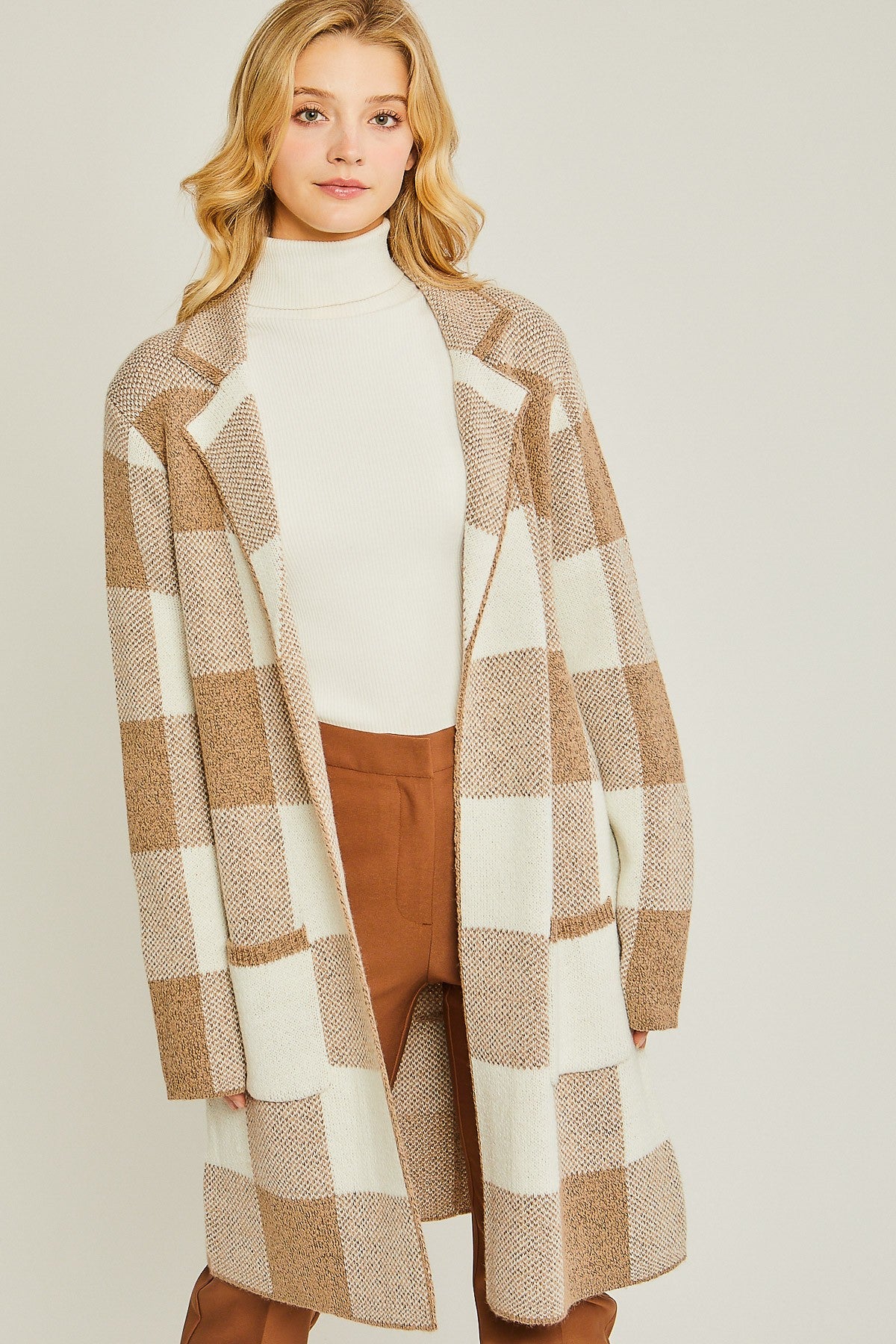 Buffalo Plaid Print Sweater Cardigan Khaki