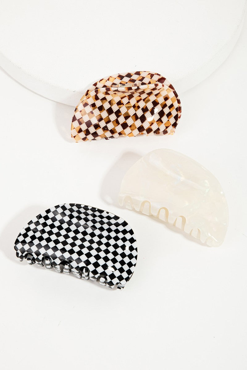 Three Piece Acetate Checkered Hair Clip Set