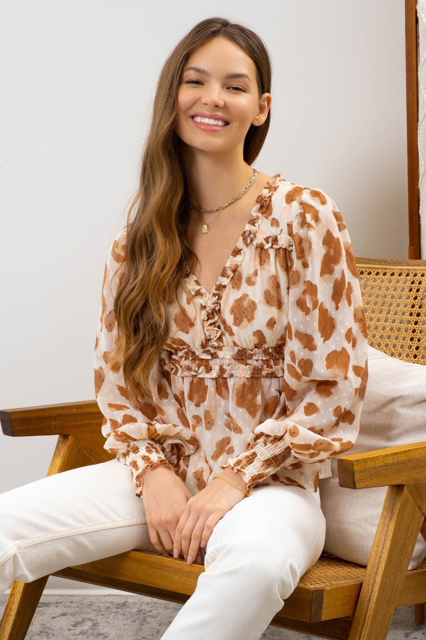 Textured Empire Waist Woven Top Ivory Multi