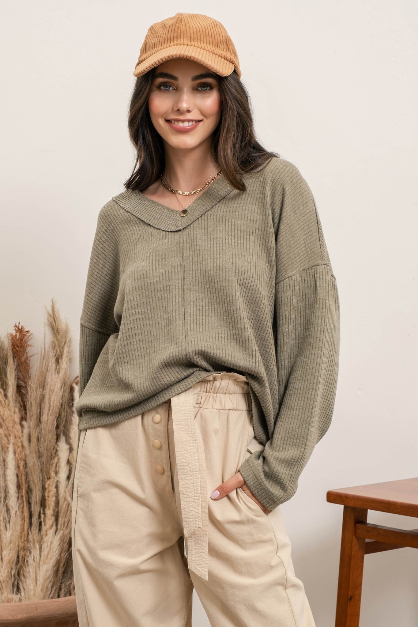 Ribbed Pullover Knit Light Olive