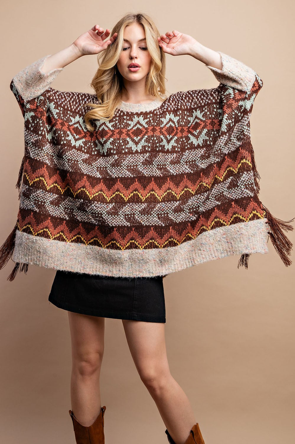 Aztec Pattern Loose Fit Sweater Brown Multi