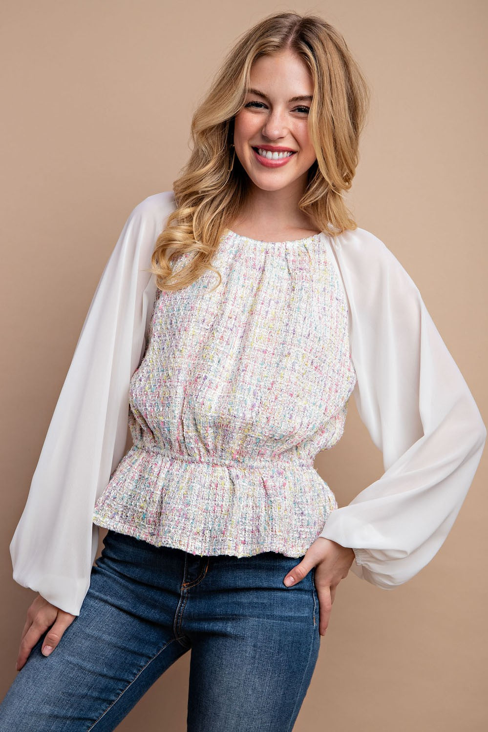 Tweed and Chiffon Mixed Peplum Top Off White