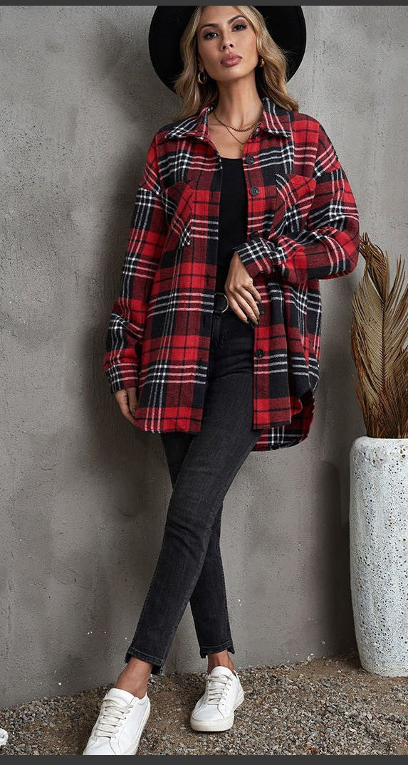 Red Plaid Jacket - Front Patch Pockets