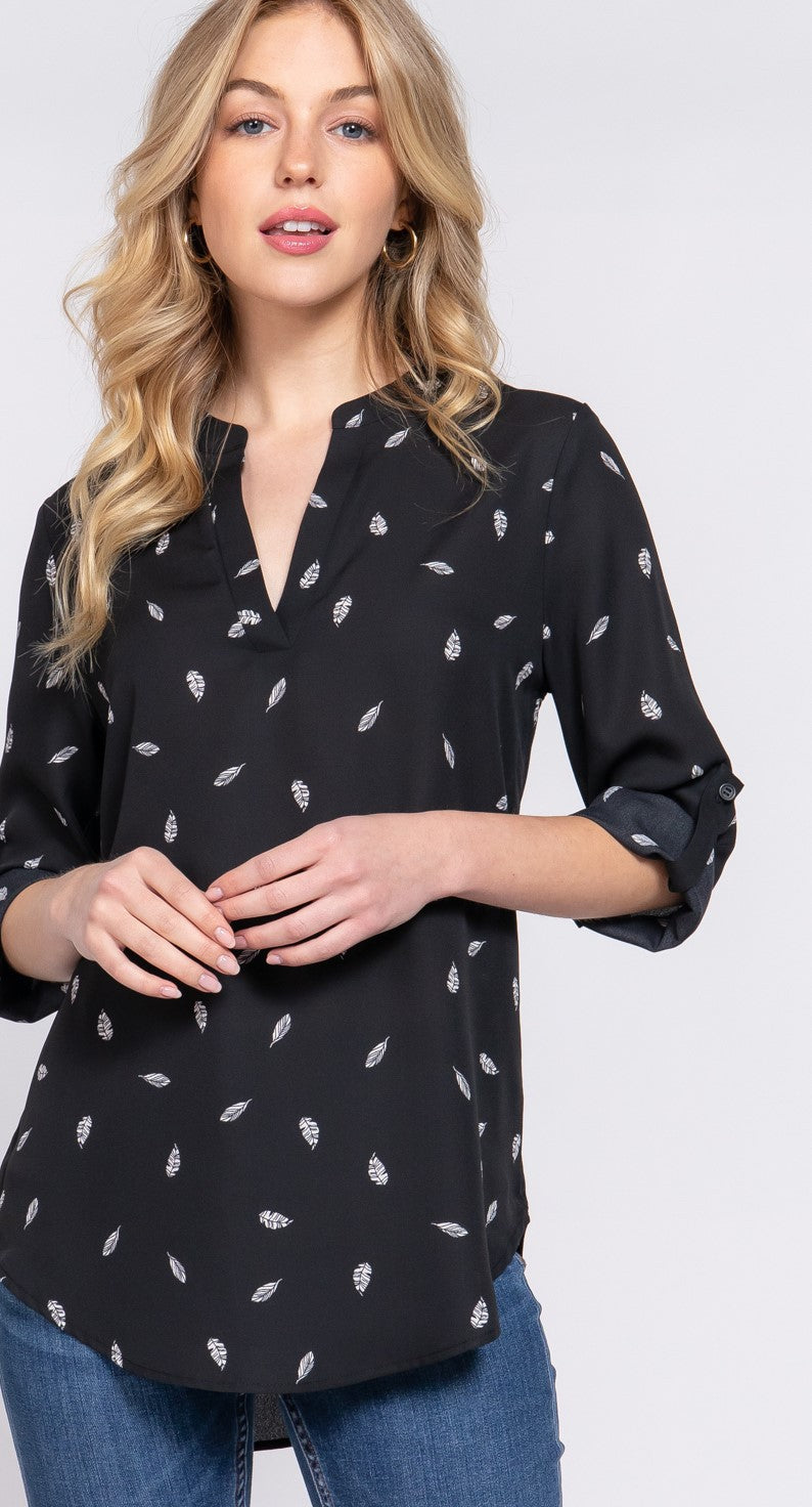 3/4 Roll Up Sleeve V Neck Print Blouse