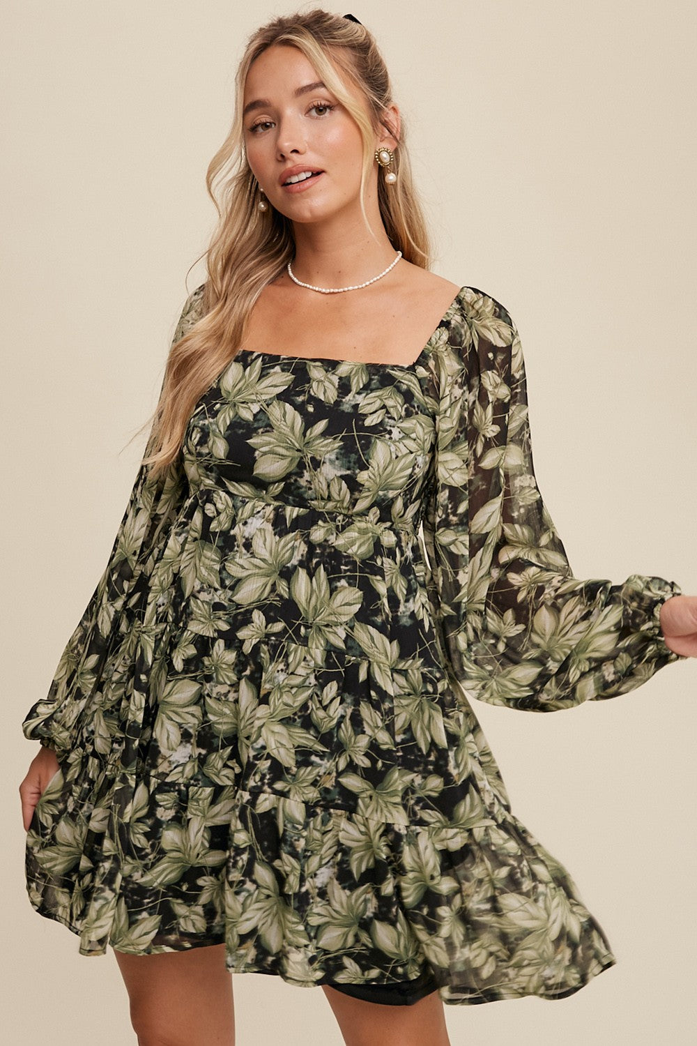 Leaf Print Square Neck Mini Dress Green