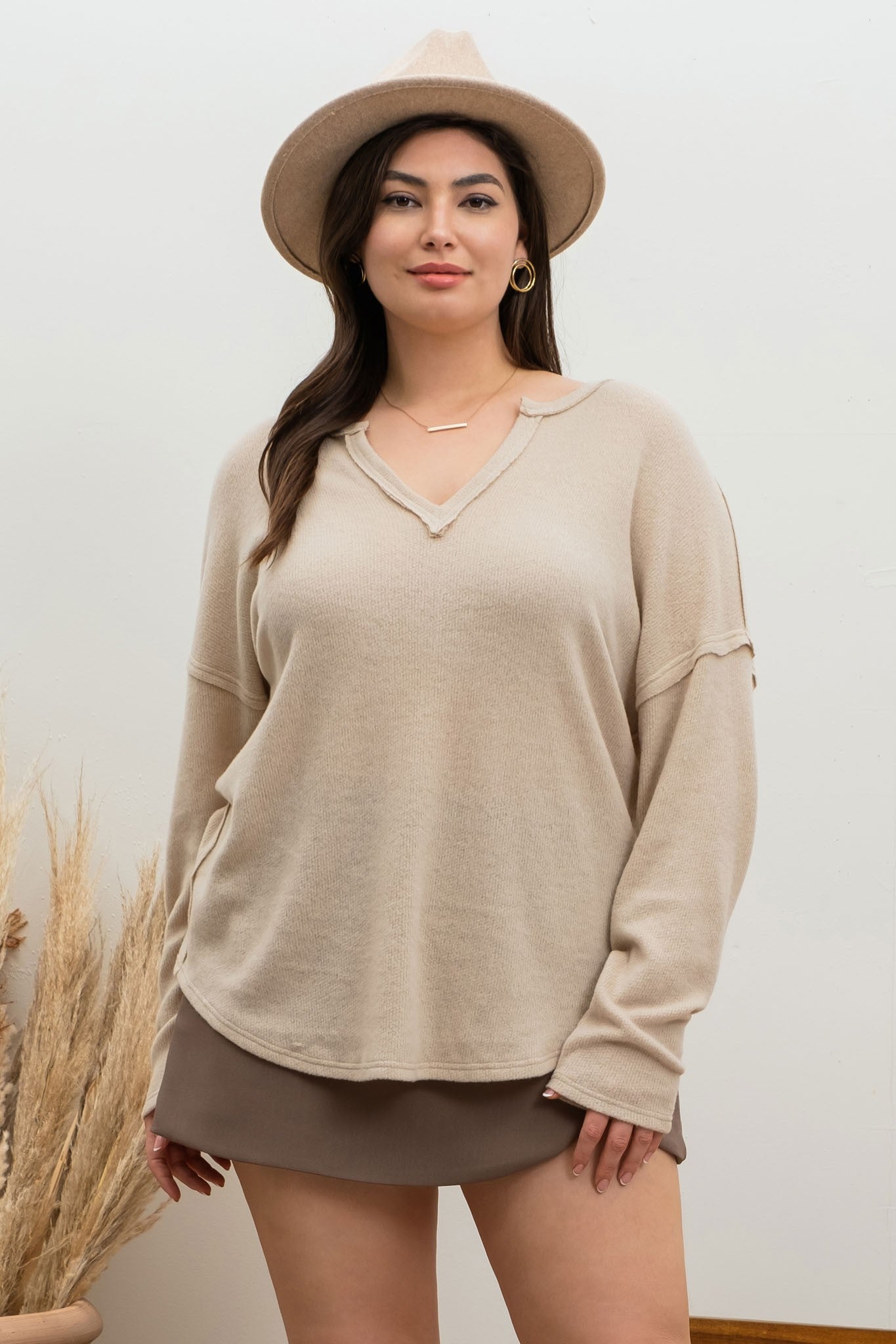 Plus Raw Edge Split Neck Khaki