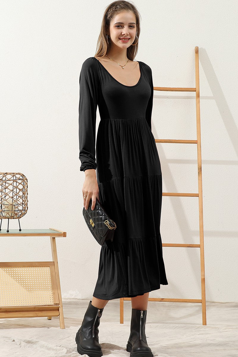 Plus Round Neck Tiered Dress Black