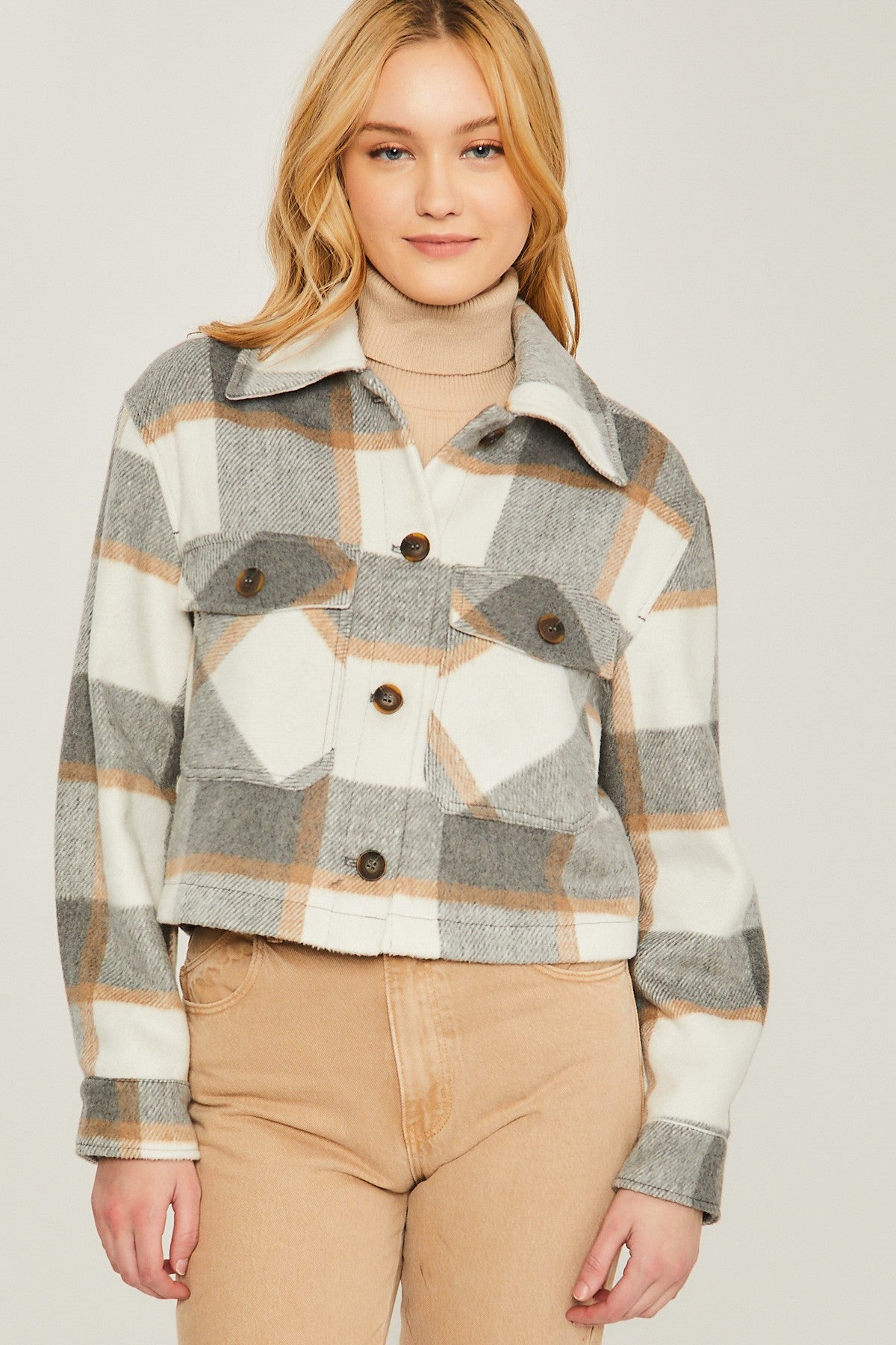 Yarn Dyed Plaid Button Up Jacket Gray