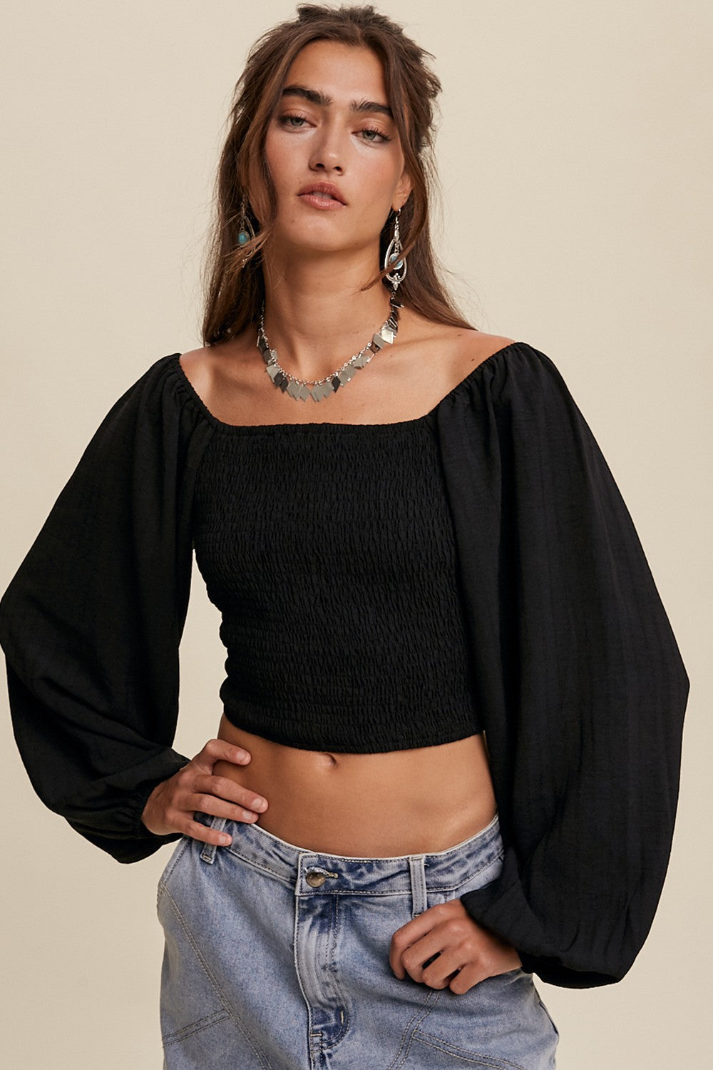 Smocked Square Neck Black