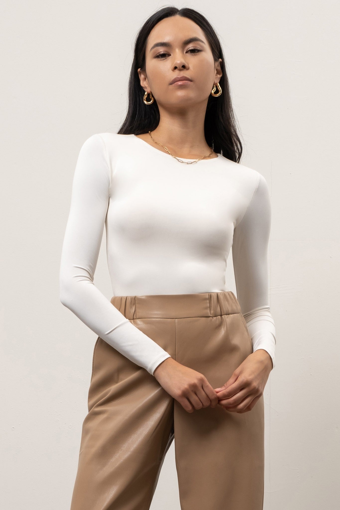Round Neck Long Sleeve Woven Top Ivory