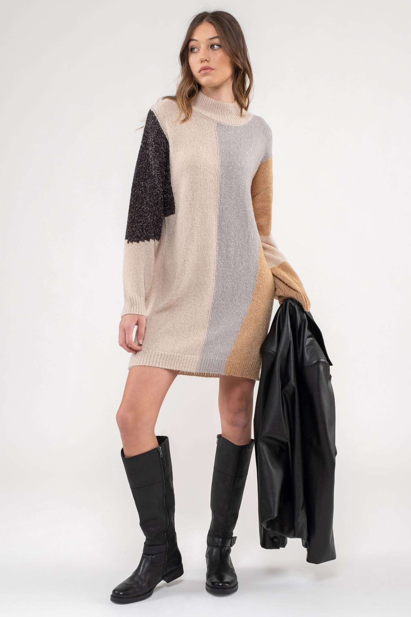 Mock Neck Color-block Sweater Dress