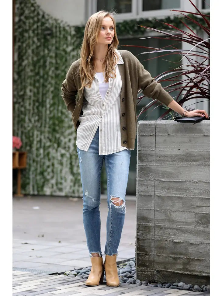 Drop Shoulder Button Front Cardigan Olive