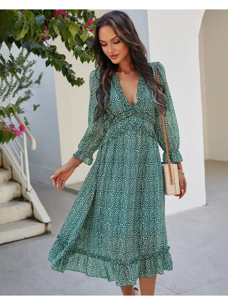 Ditsy Floral Ruffel Dress Green