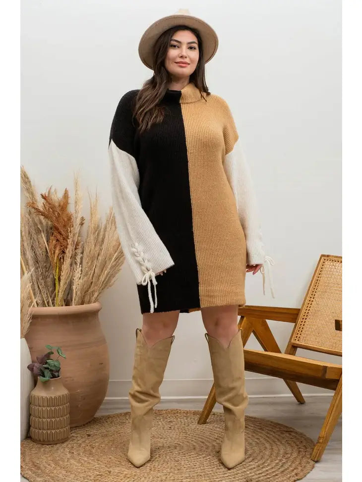 Plus Braid Sleeve Color block Mini Dress Black Multi