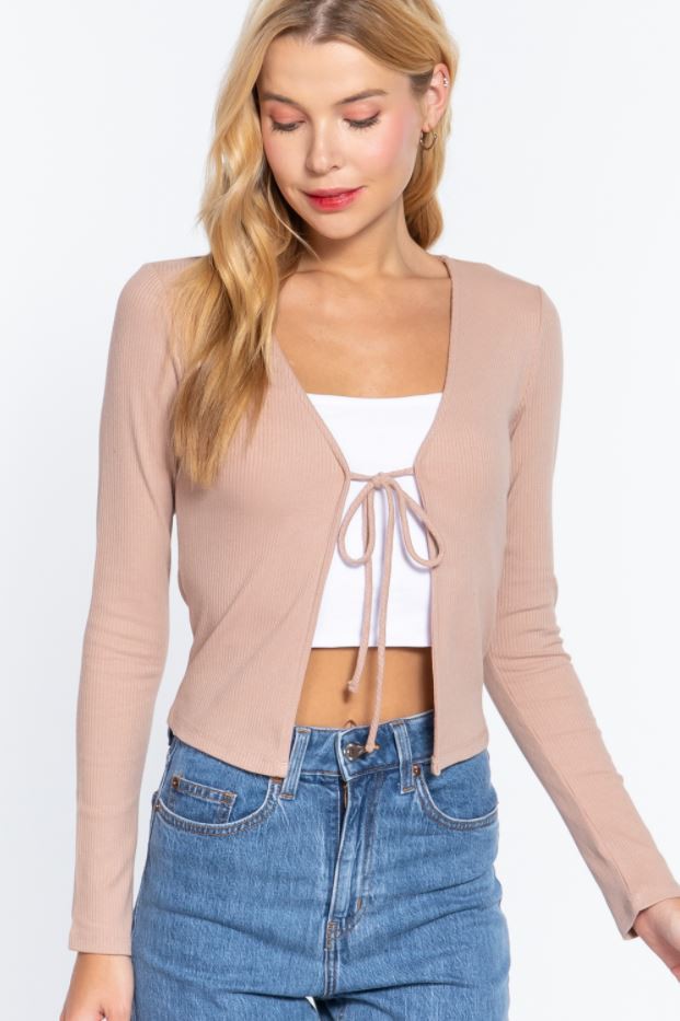 Long Sleeve Tie Rib Knit Cardigan Pink Sand