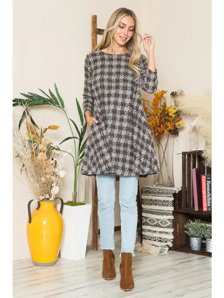 3/4 Sleeve Hounds Tooth A-line Dress Taupe/Black