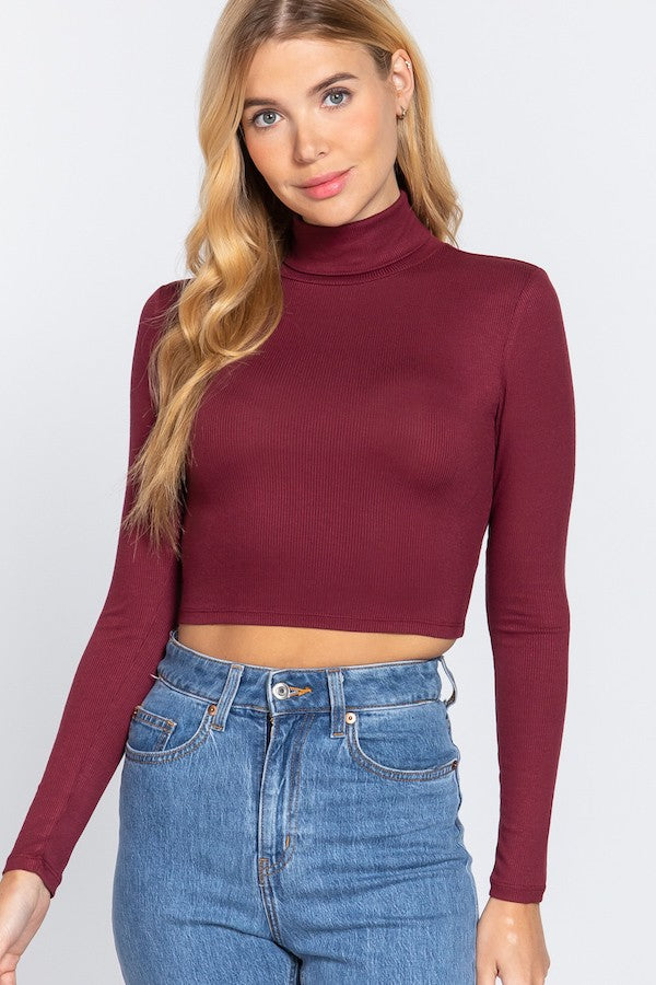 Long Sleeve Turtle Neck Rib Crop Knit Top Burgundy