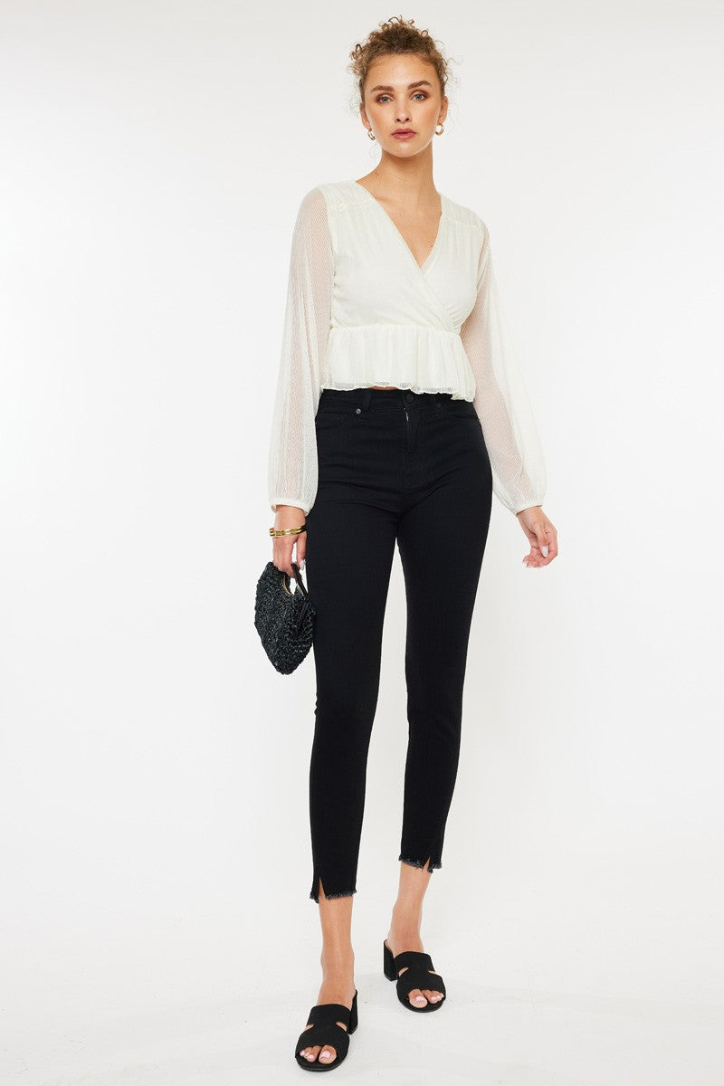 H Rise Jet Black Ankle Skinny Jeans Fray Hem