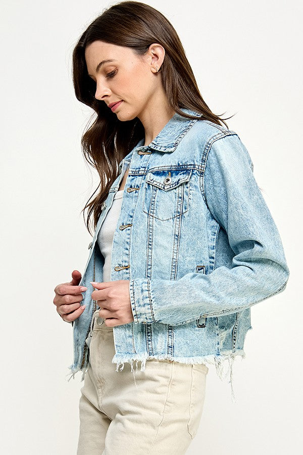 Ladies Denim Jacket Distressed Light Blue
