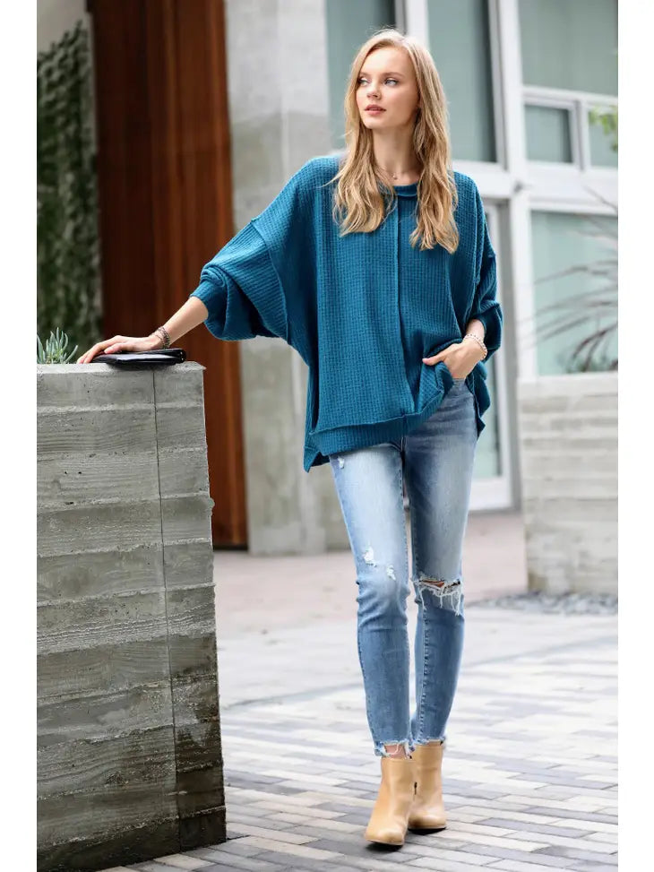 Brushed Waffle Oversized Exposed Seam Sweater Teal