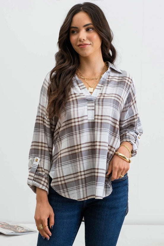Plus Collared Plaid Shirt Dusty Green