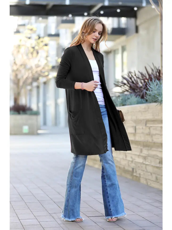 Long Sleeve Slouchy Pocket Open Cardigan Black