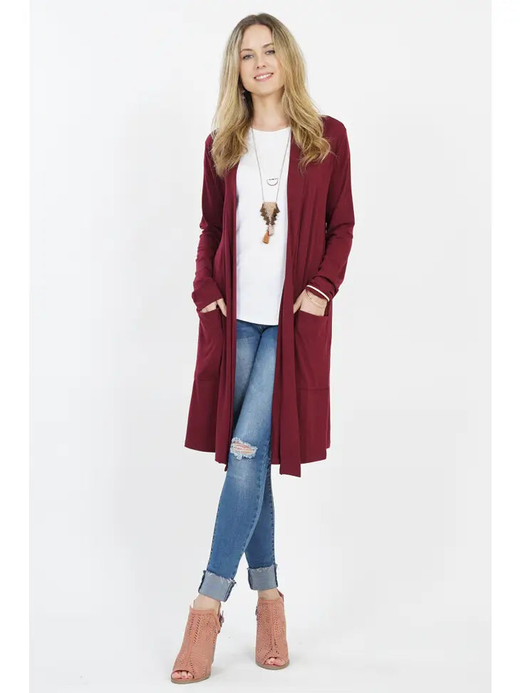 Long Sleeve Slouchy Pocket Open Cardigan Burgundy