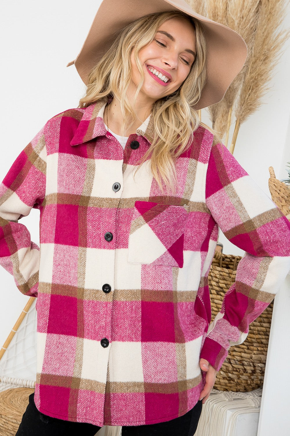 Fuzzy Plaid Button down Shacket Magenta