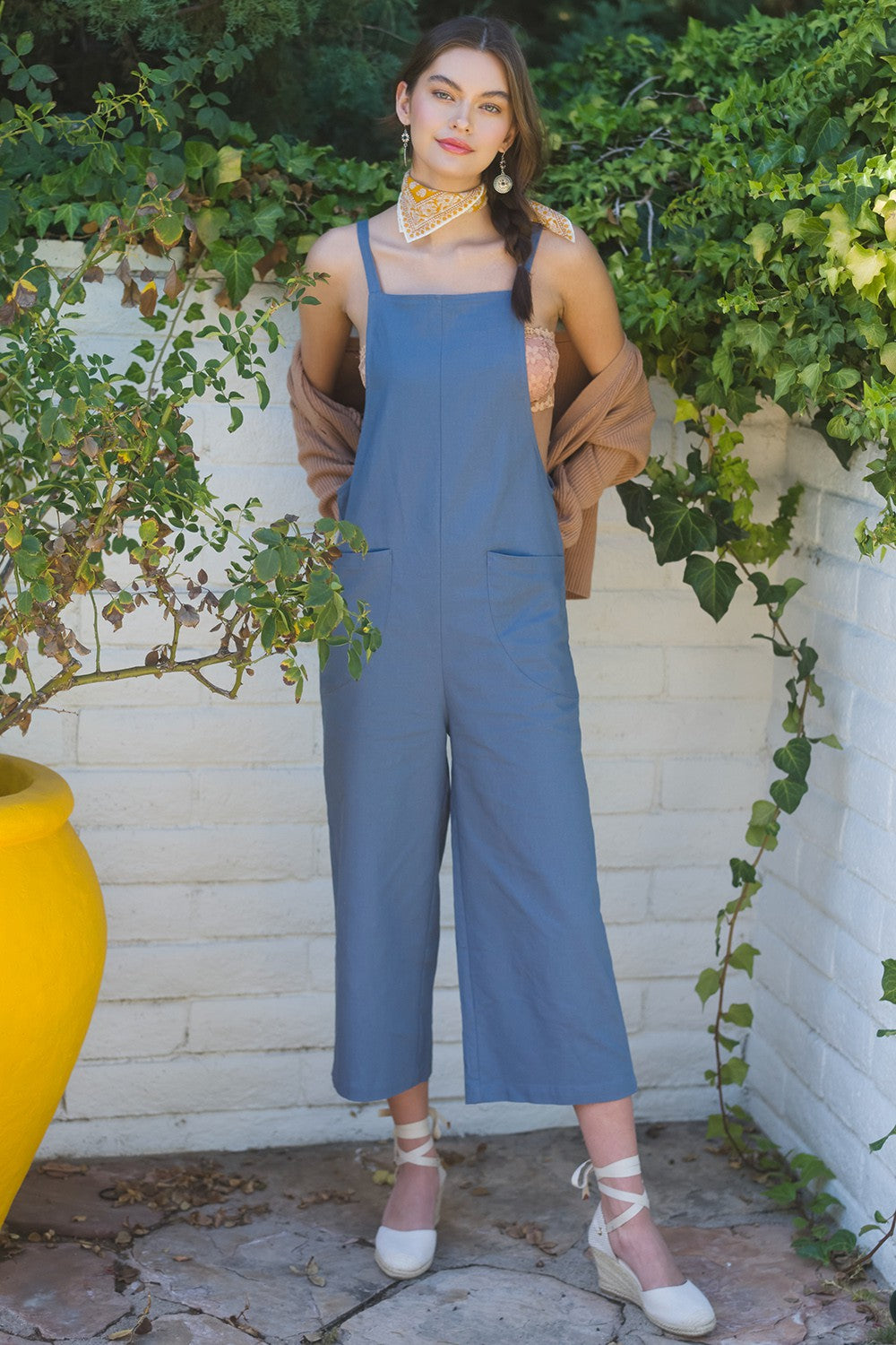 Linen Square Neck Jumpsuit - Denim