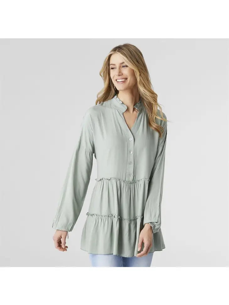 Naomi Gauzy Puff Sleeve Ruffle Tunic - Sea Green