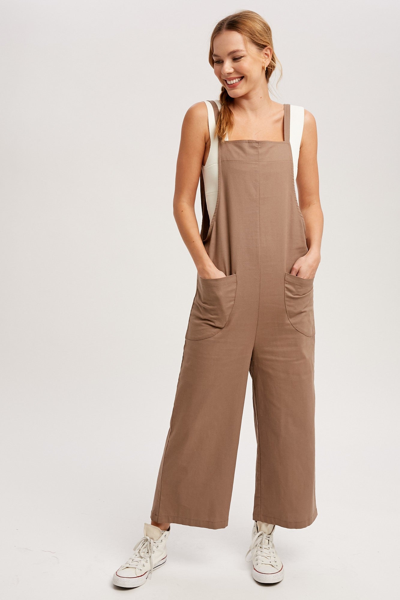 Linen Square Neck Jumpsuit - Mocha