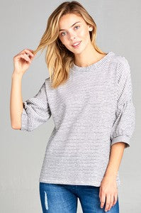 Pin Stripe Cotton French Terry Puff Sleeve Top