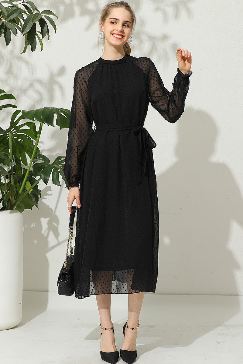 Tied Waist Long Ruffled Sleeve Dot Mesh Dress