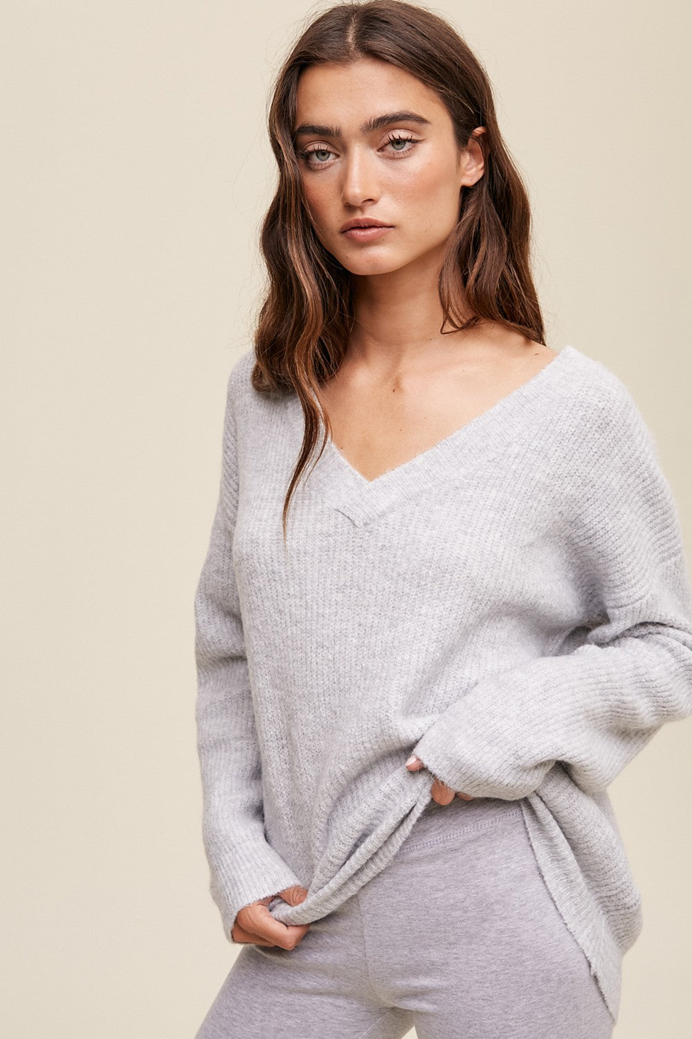 V-Neck Soft Knit Sweater - Heather Gray