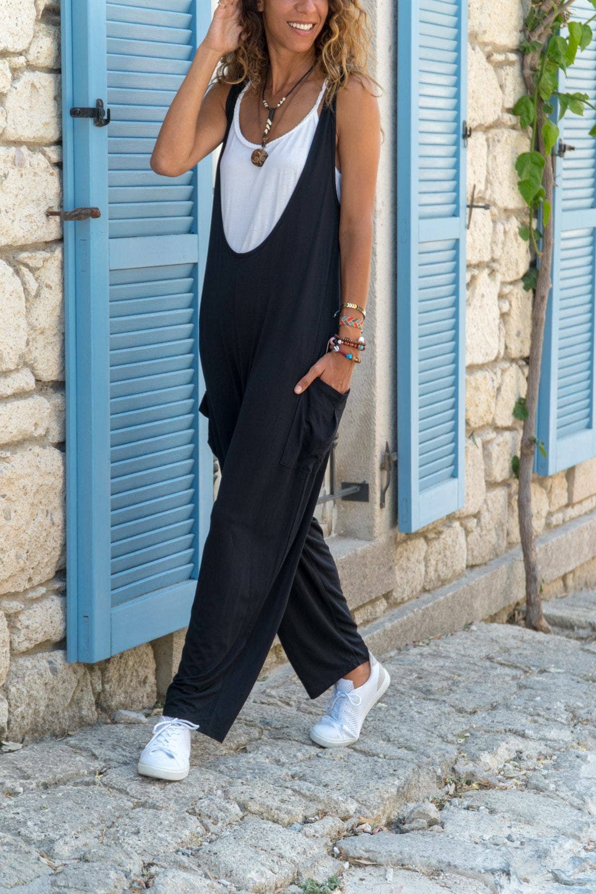 Black Pocket Strappy Romper Black