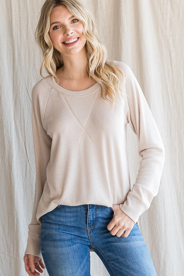 Waffle Knit Long Sleeve Beige Top