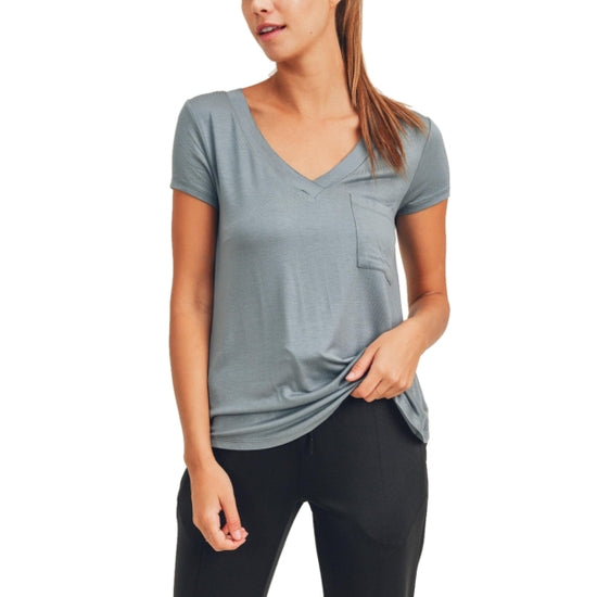 V Neck Short Sleeve Solid Tee with Pocket