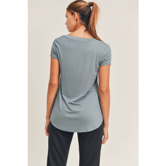 V Neck Short Sleeve Solid Tee with Pocket