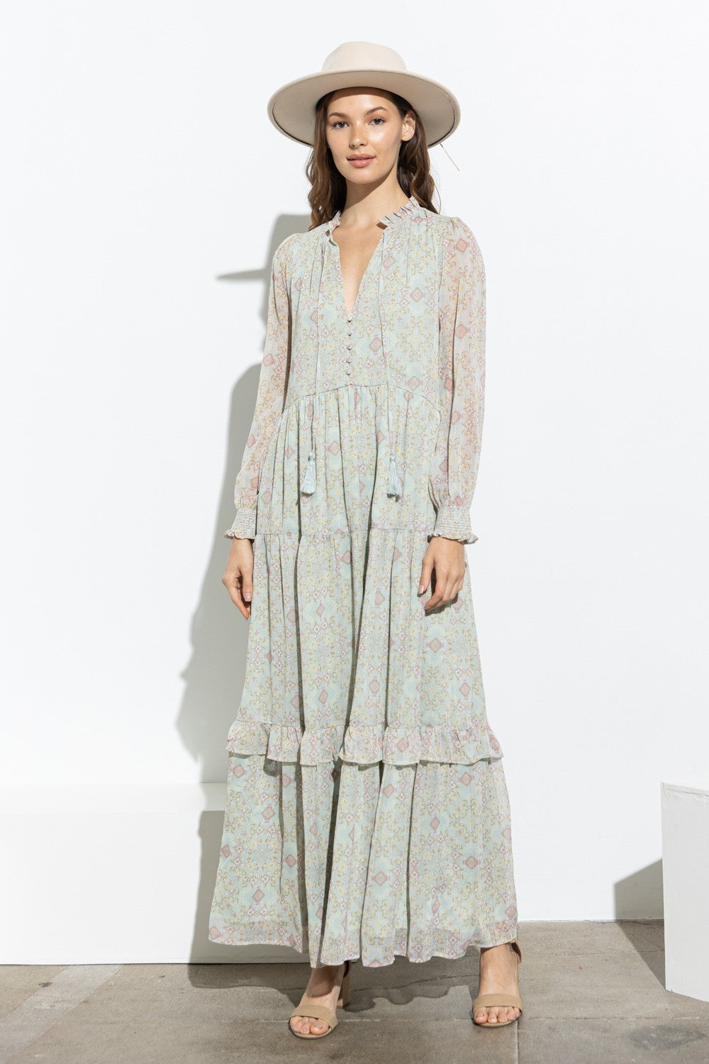Long Sleeve Maxi Dress with Tassel Detail