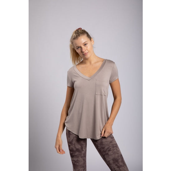 V Neck Short Sleeve Solid Tee with Pocket