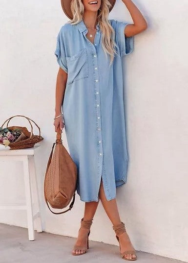 Women Loose Roll Up Sleeve Button Down Shirt Dress