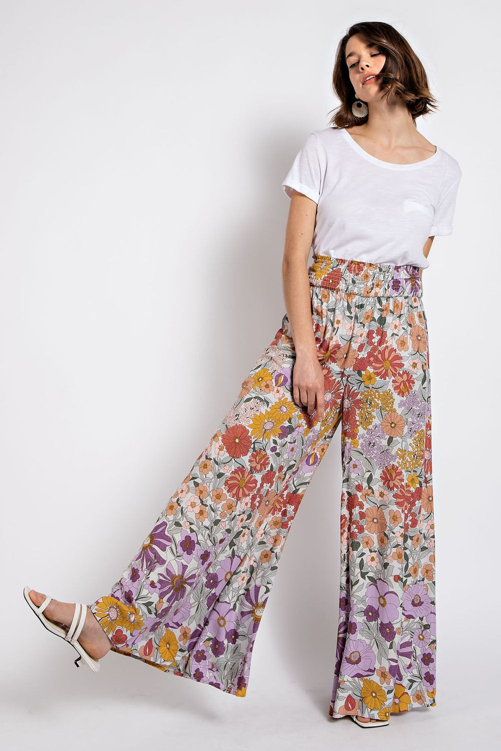 Flare Wide Waist Smocked Long Pants Floral Pattern