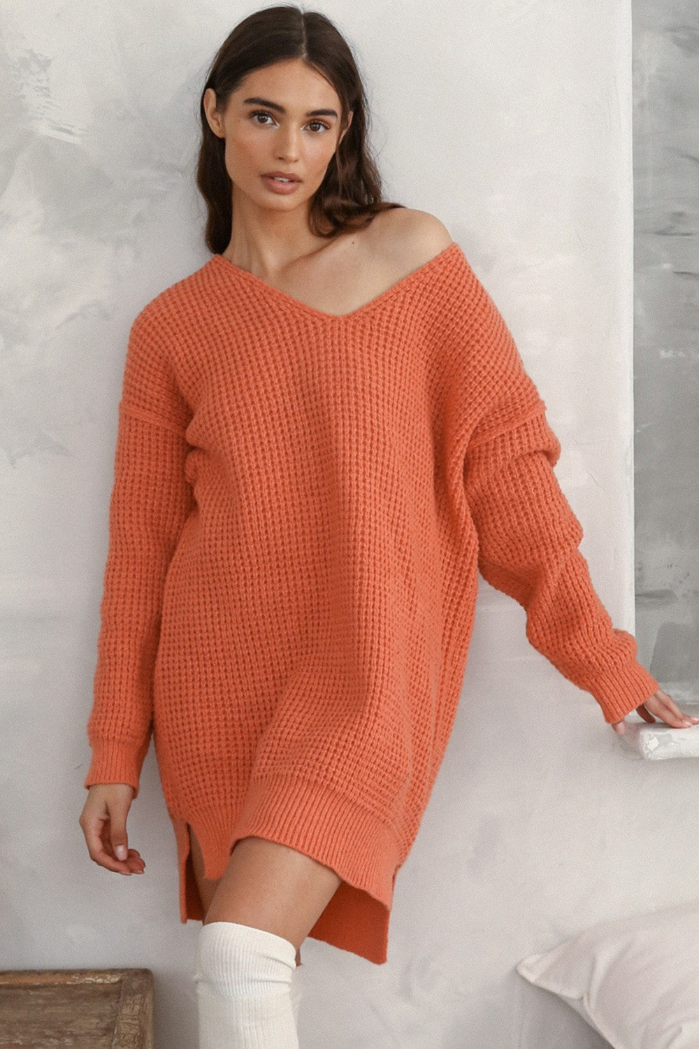 Slouchy V Neck Ribbed Knit Sweater Carrot