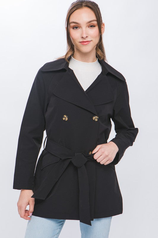 Mid Length Light Weight Trench Coat With Waist Tie Black