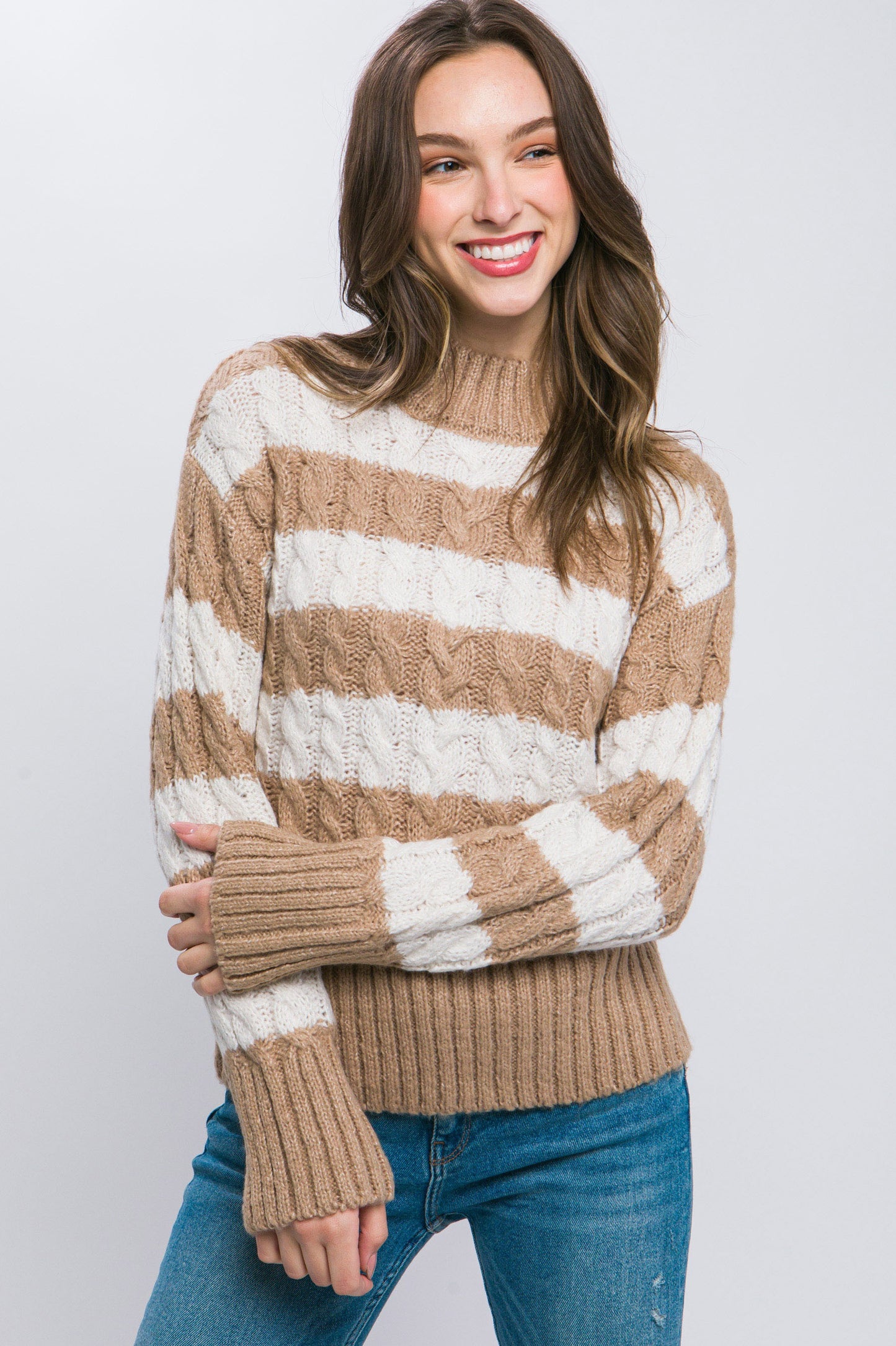 Striped Cable Knit Pullover Sweater Khaki