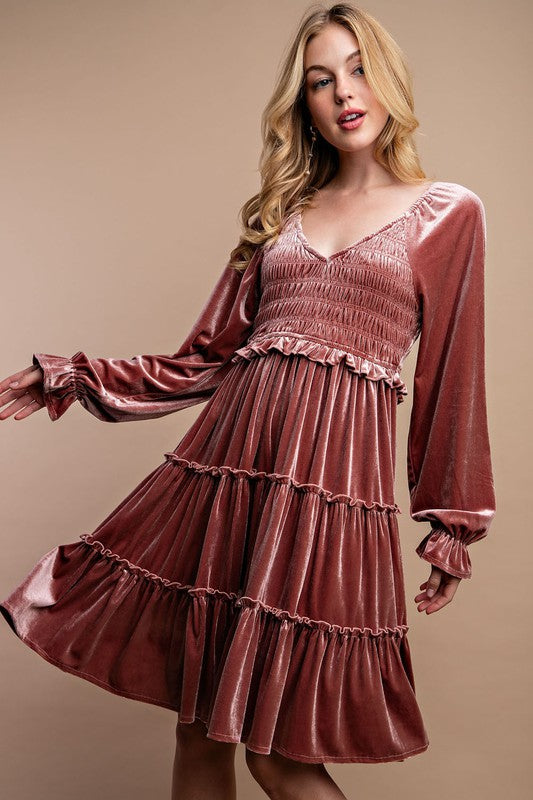 Velvet Smocked Tiered Dress