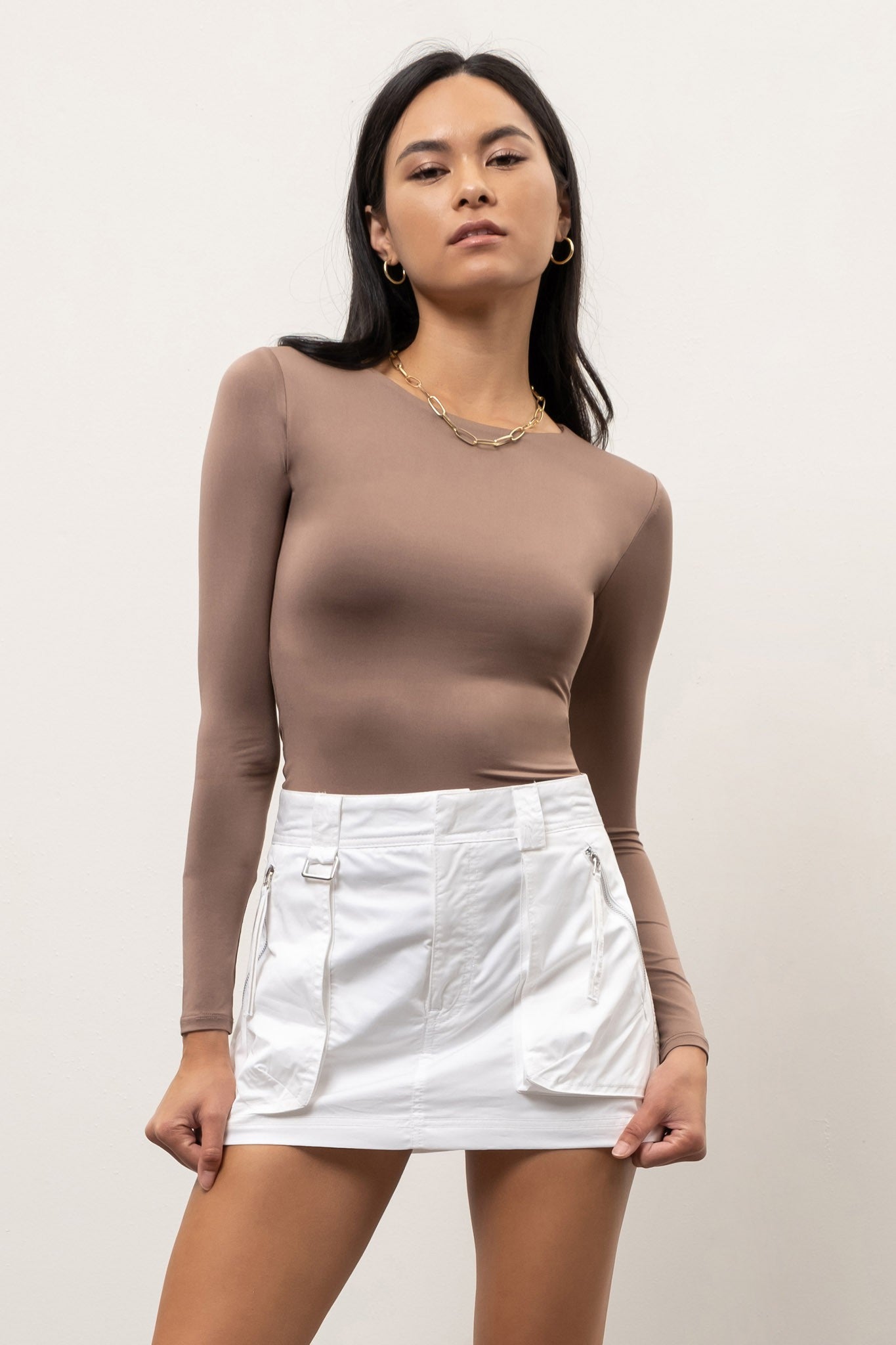 Round Neck Long Sleeve Woven Top Deep Taupe